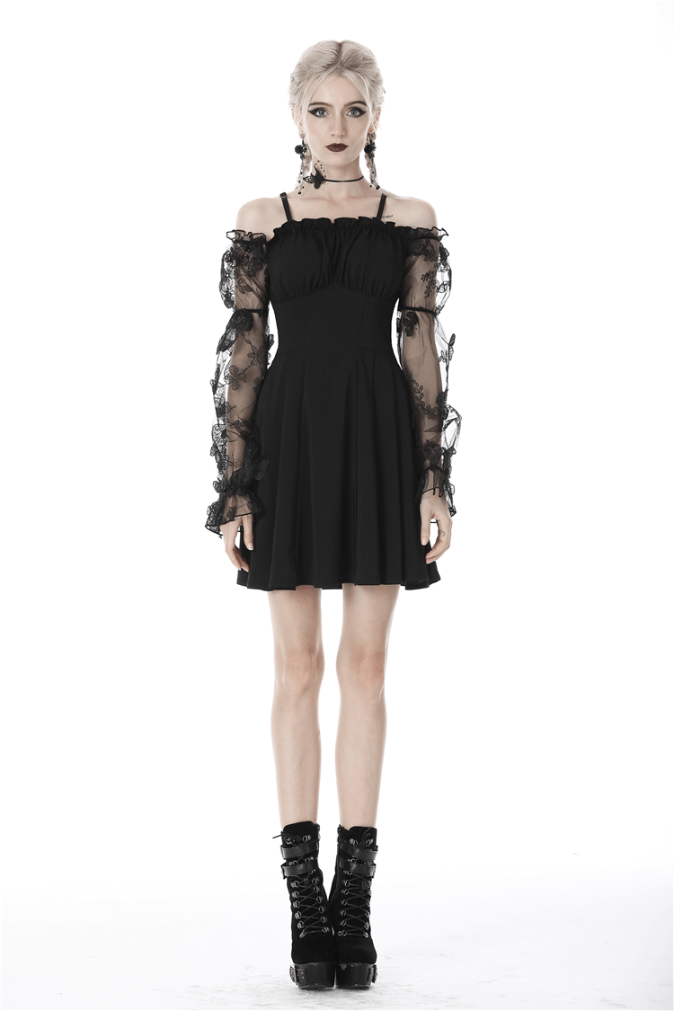 Gothic romance off-the-shoulder dress with lace sleeves, perfect for a moonlit evening.