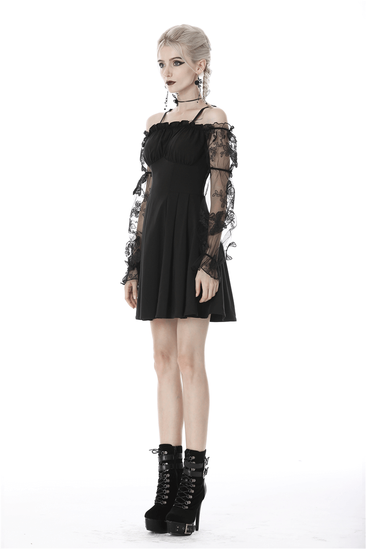 Gothic off-the-shoulder dress with lace sleeves, perfect for dark elegance and moonlight twirling.