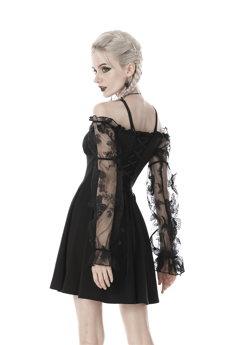 Gothic romance off-the-shoulder dress with lace sleeves, perfect for a mysterious evening look.