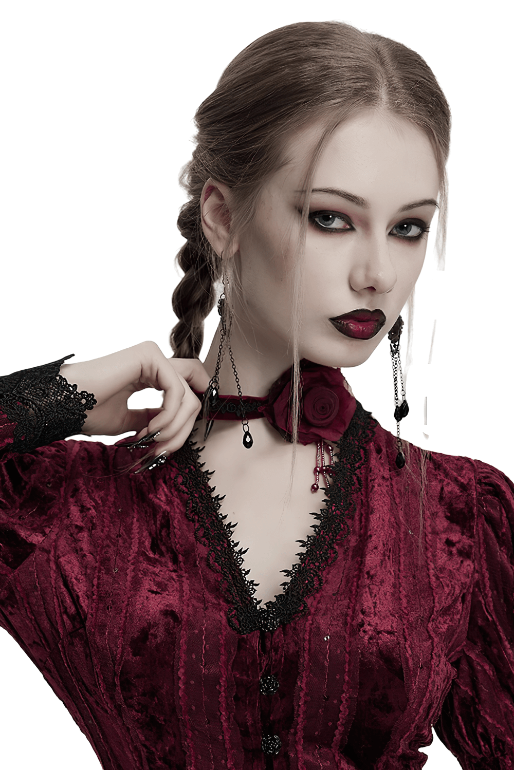 Gothic model wearing a stunning burning rose choker with lace and beads, radiating elegance and fearless style.