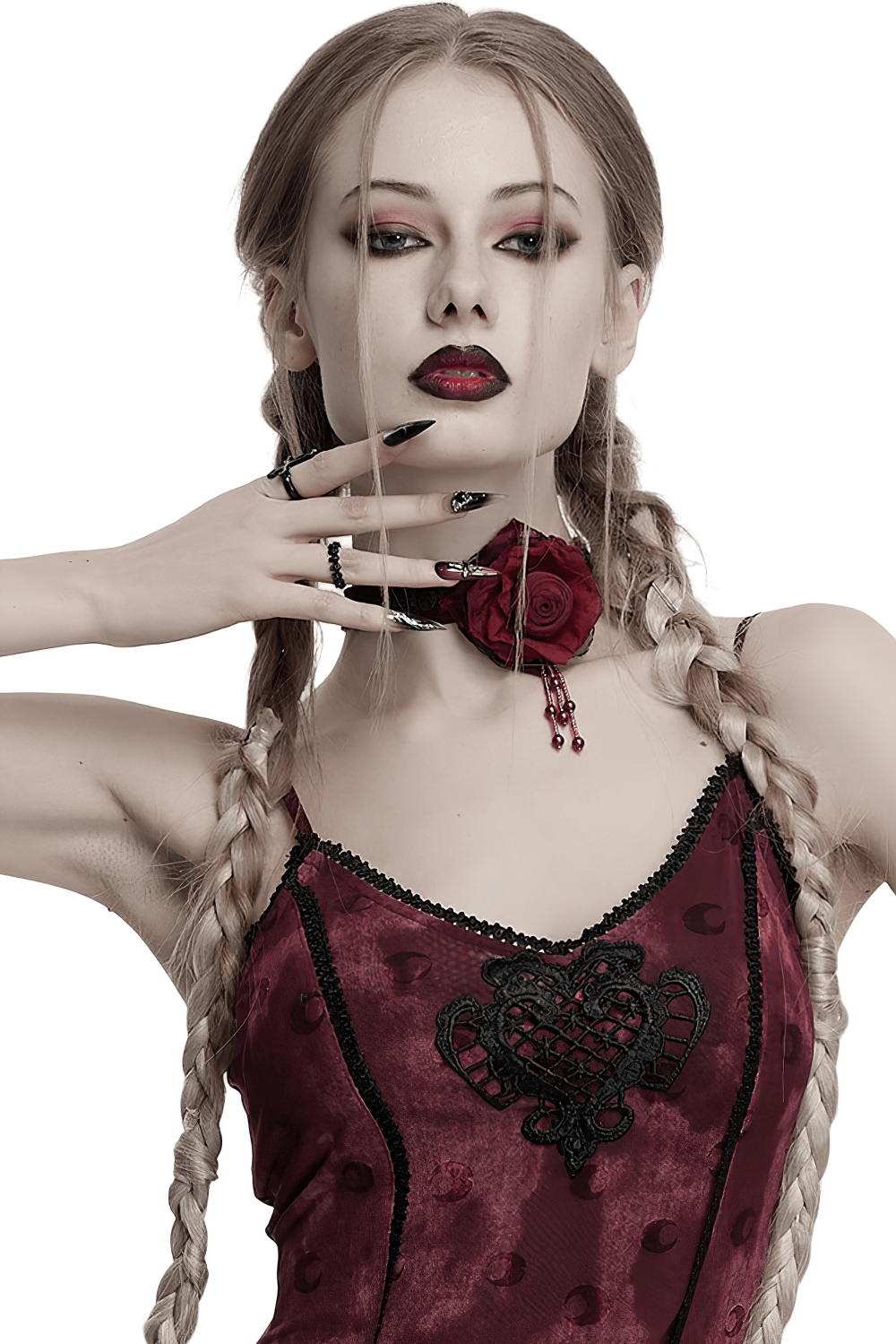 Gothic rose and bead chain choker with lace detail, worn with a vintage-inspired outfit, showcasing edgy elegance.