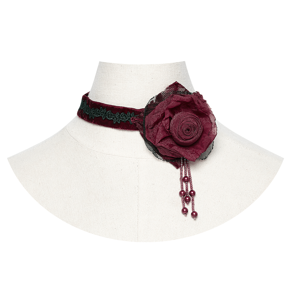 Gothic rose and bead chain choker featuring lace detail and vintage floral design for a passionate, elegant look.