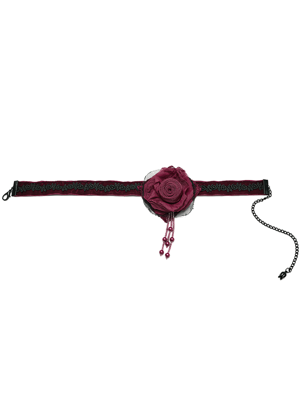 Gothic rose and bead chain choker with lace, featuring a striking burning rose and vintage ribbon details.