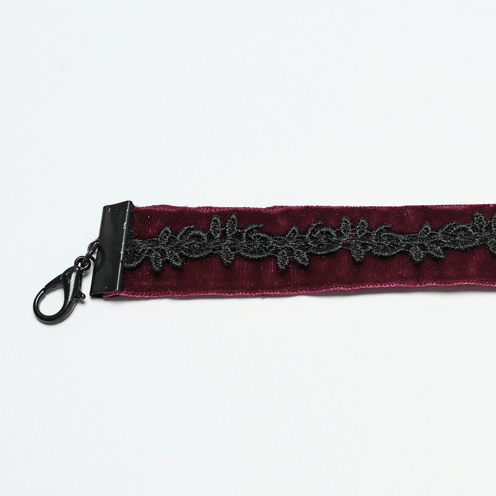 Gothic rose choker featuring rich burgundy velvet and intricate black lace detail for a vintage-inspired look.