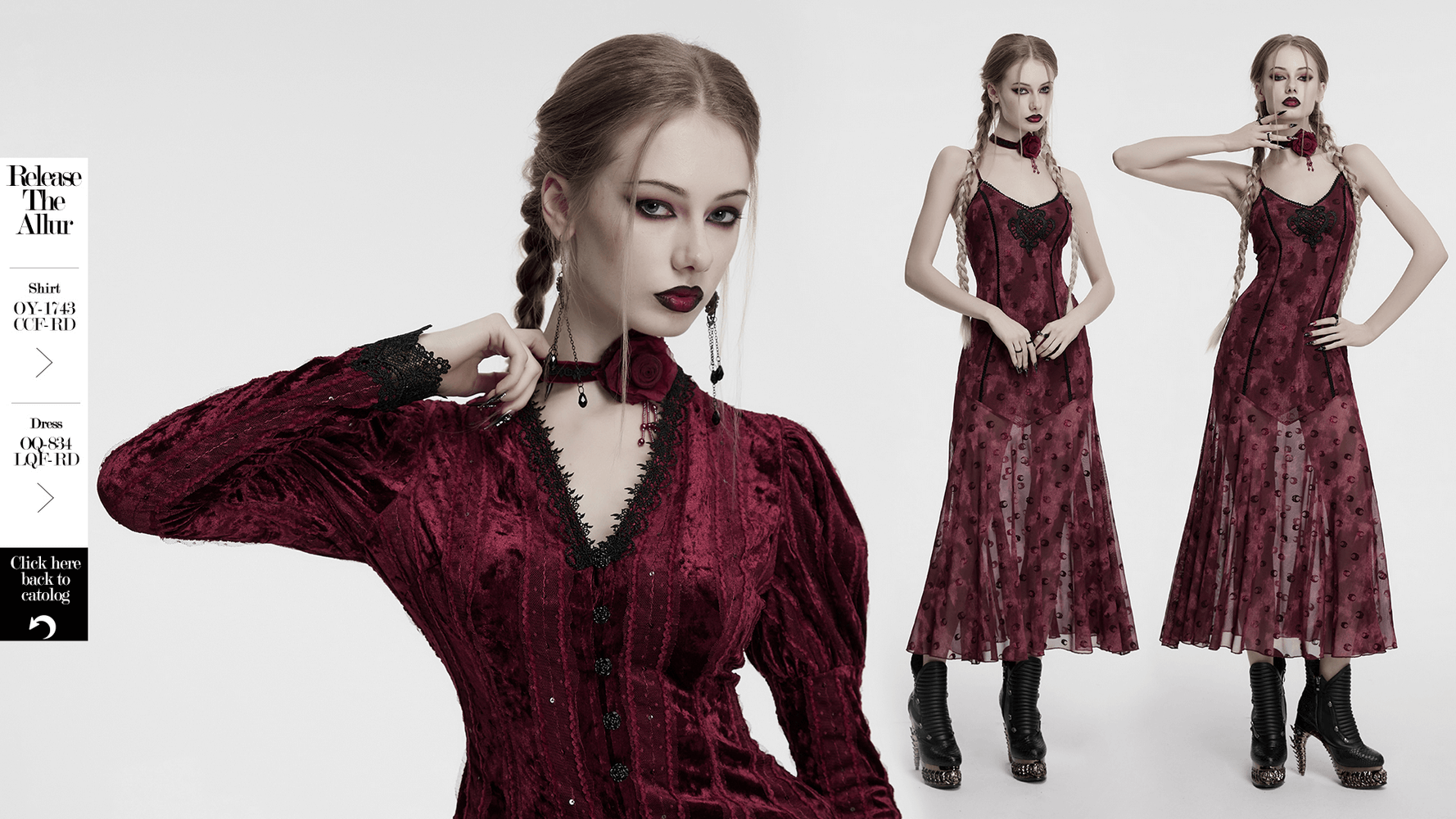 Enchanting goth model in burgundy velvet dress, showcasing vintage lace and elegant style.