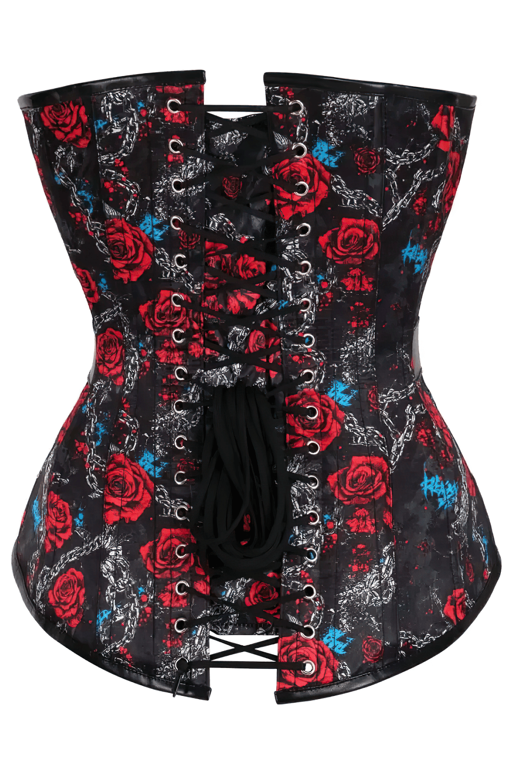 Gothic Rose and Chain Print Overbust Corset with Buckle Belt, black bustier with red roses and lace-up back