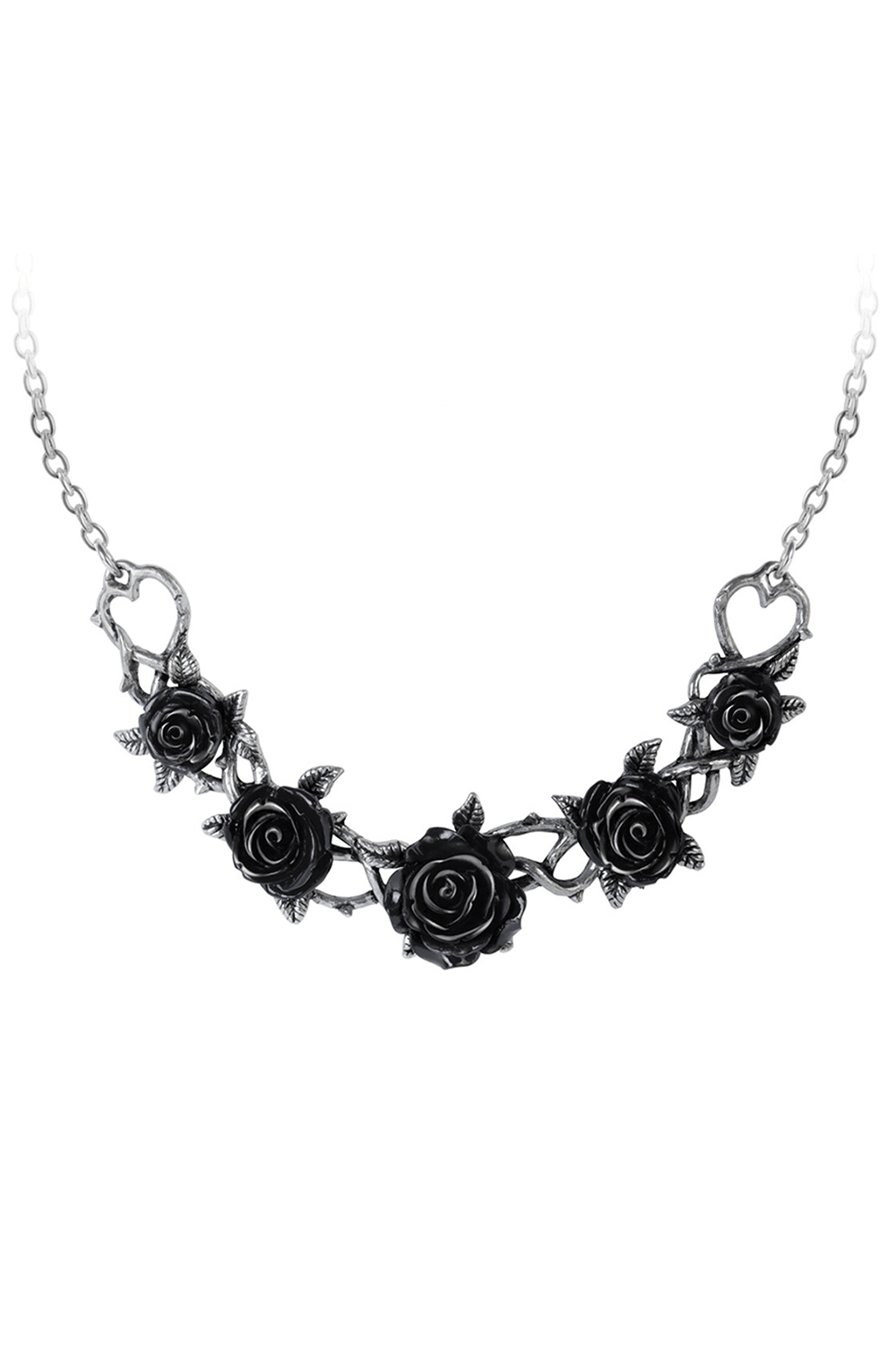 Gothic Rose Briar choker featuring five black resin roses and pewter details for a mystical touch.