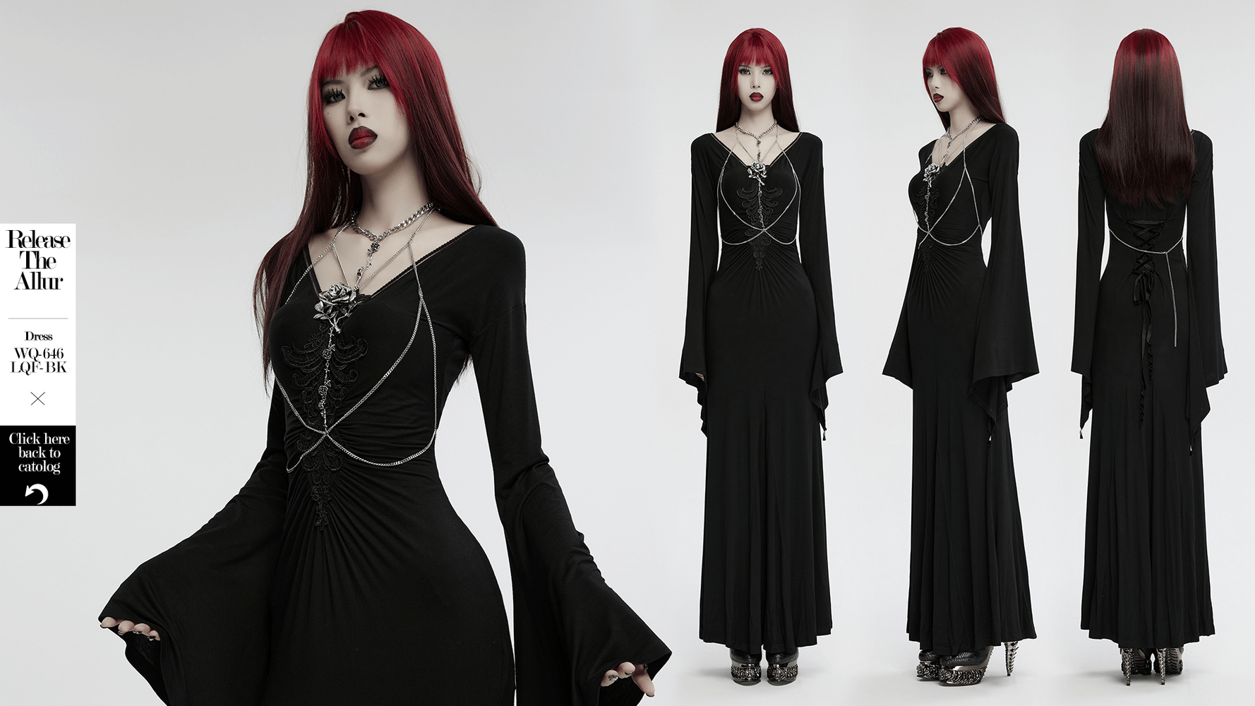 Elegant gothic rose chain body jewelry with thorns accentuating black dress, featuring retro 3D rose charm for a bold statement.