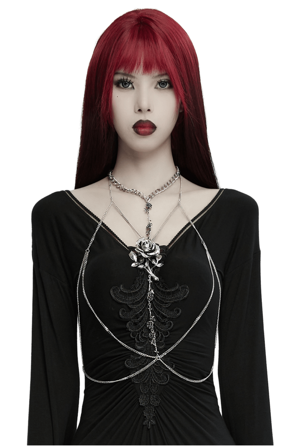 Gothic Rose Chain Body Accessory with 3D Rose and Thorns on Model in Black Dress