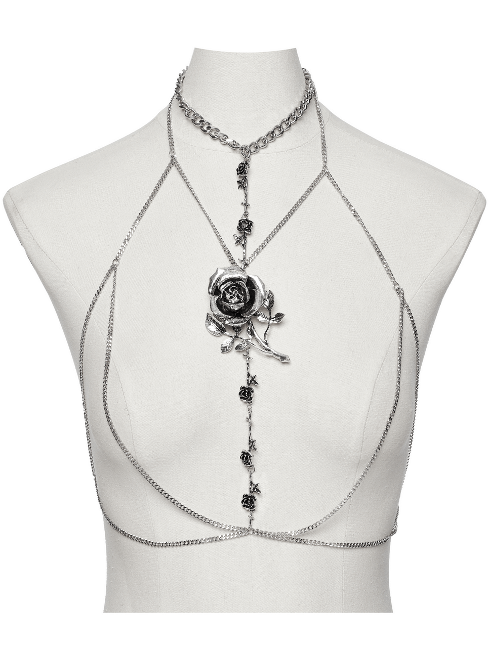 Gothic rose chain body accessory featuring thorns and a 3D rose charm on a mannequin, elegant and bold statement jewelry.