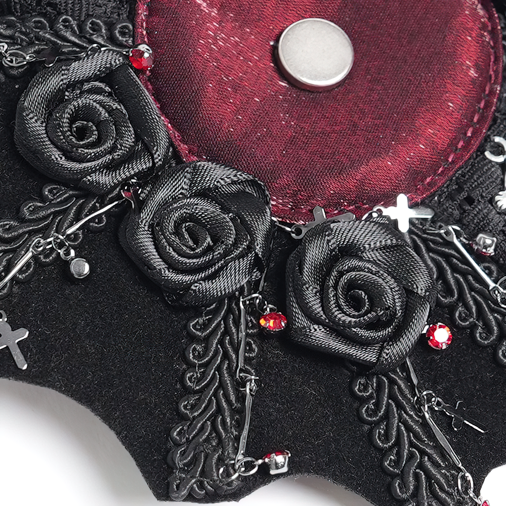 Gothic rose cross hair clip featuring black roses, lace, and red accents for a dark, edgy look.