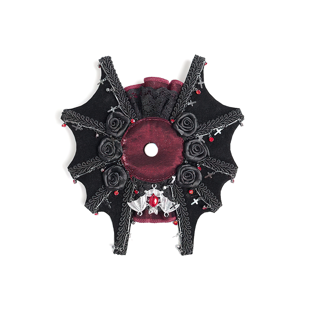 Gothic rose cross hair clip with skull and spider web design for dark, romantic hairstyles.