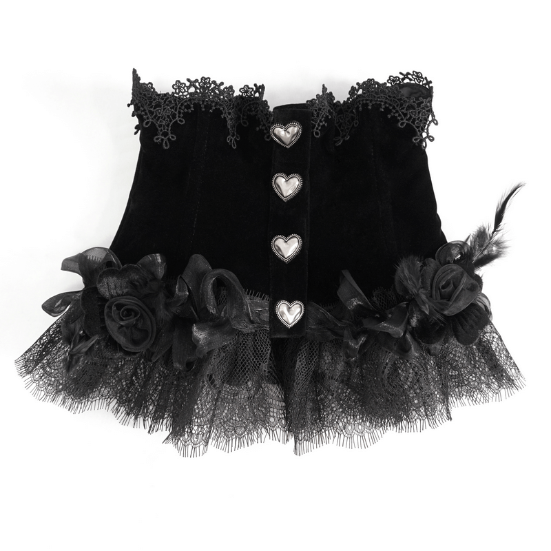 Gothic rose feather neckwear collar featuring lace trim and heart-shaped buttons, perfect for elegant outfits.