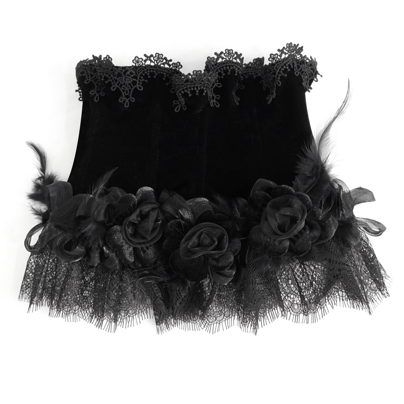 Elegant gothic rose feather neckwear with lace trim and heart-shaped buttons, perfect for bold fashion statements.