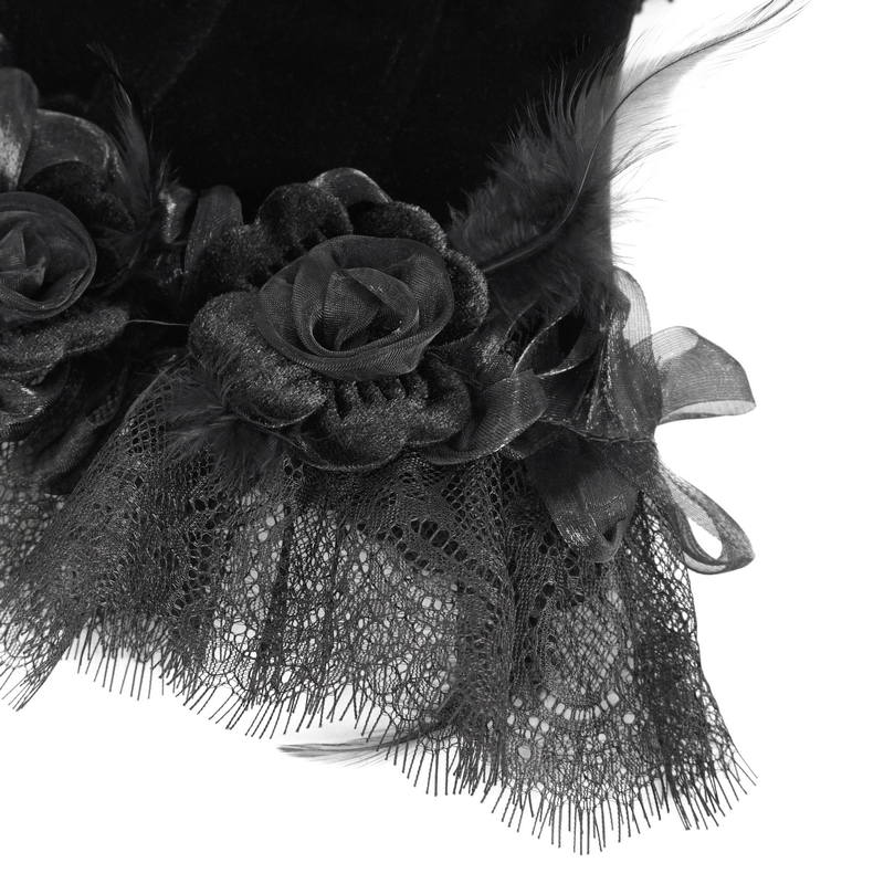 Close-up of gothic rose feather neckwear with lace trim and heart-shaped buttons, showcasing elegant black design.