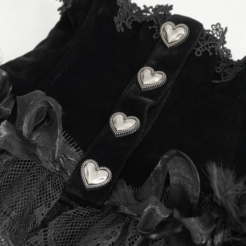 Gothic rose feather neckwear with intricate lace trim and heart-shaped buttons, perfect statement accessory for women.