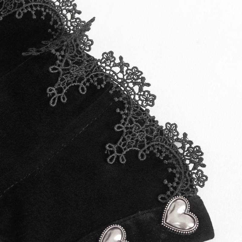 Detailed view of gothic rose feather neckwear with lace trim and heart-shaped buttons for a stylish touch.