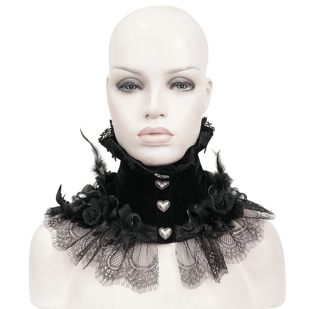 Elegant Gothic rose feather neckwear with lace trim and heart-shaped buttons, perfect for a bold fashion statement.