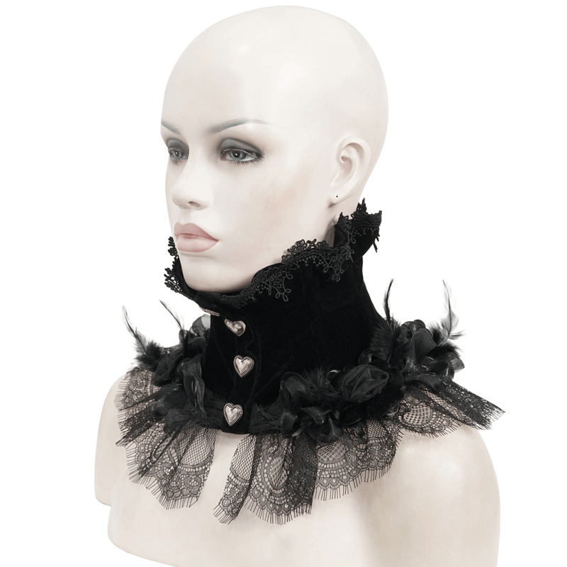 Gothic rose feather neckwear with heart-shaped buttons and lace trim, perfect for a daring women's accessory.
