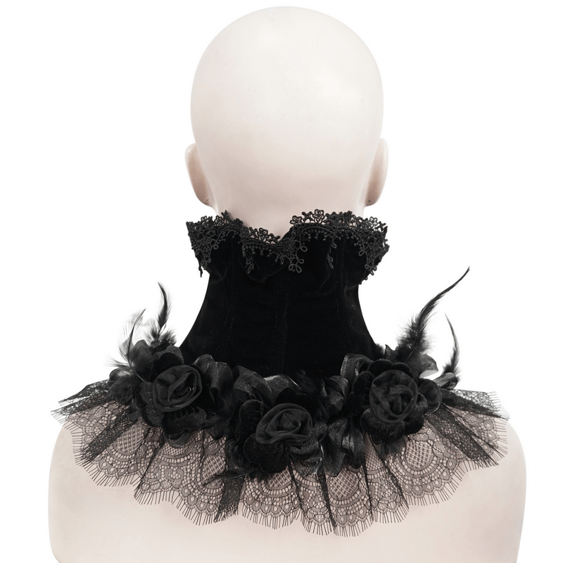 Elegant gothic rose feather neckwear with lace trim and heart-shaped buttons, perfect for a distinctive fashion statement.