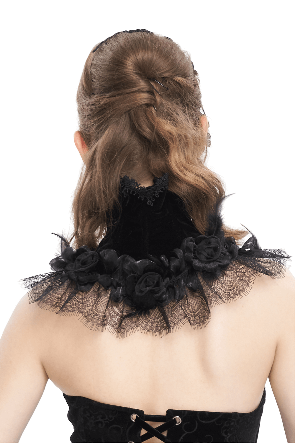 Elegant gothic rose feather neckwear featuring lace trim and heart-shaped buttons, viewed from the back.