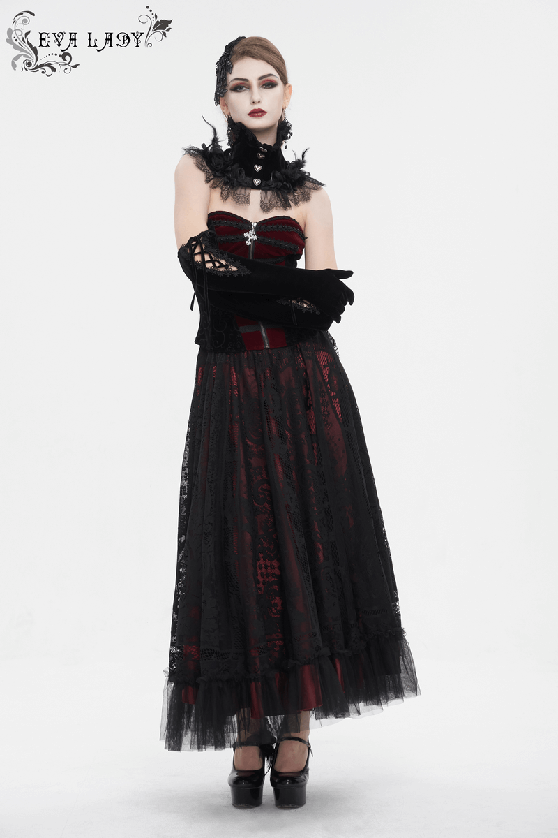 Gothic rose feather neckwear with lace trim and heart-shaped buttons, styled with an elegant black and red dress.