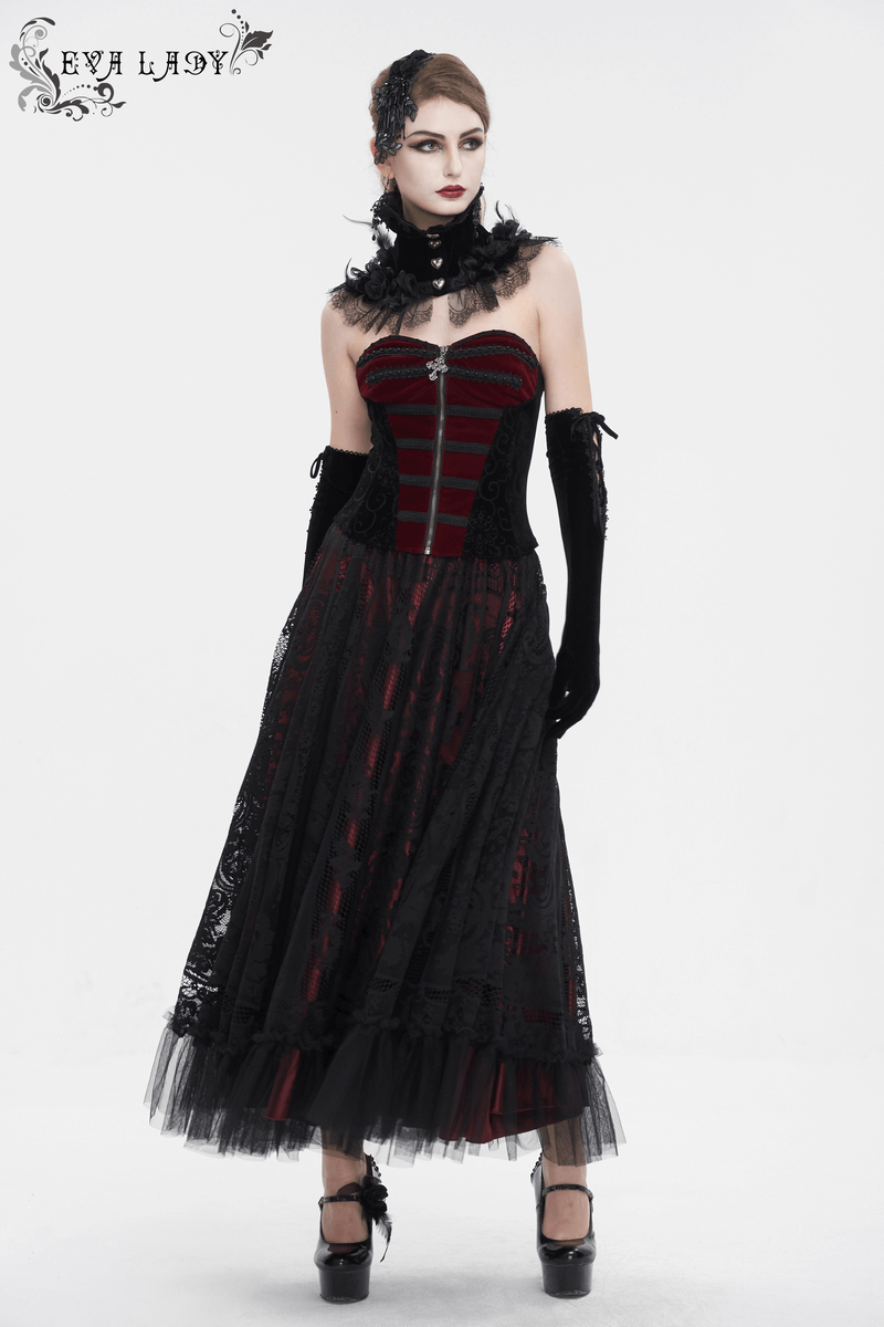 Gothic rose feather neckwear and lace trim collar worn by model in elegant black and red dress.