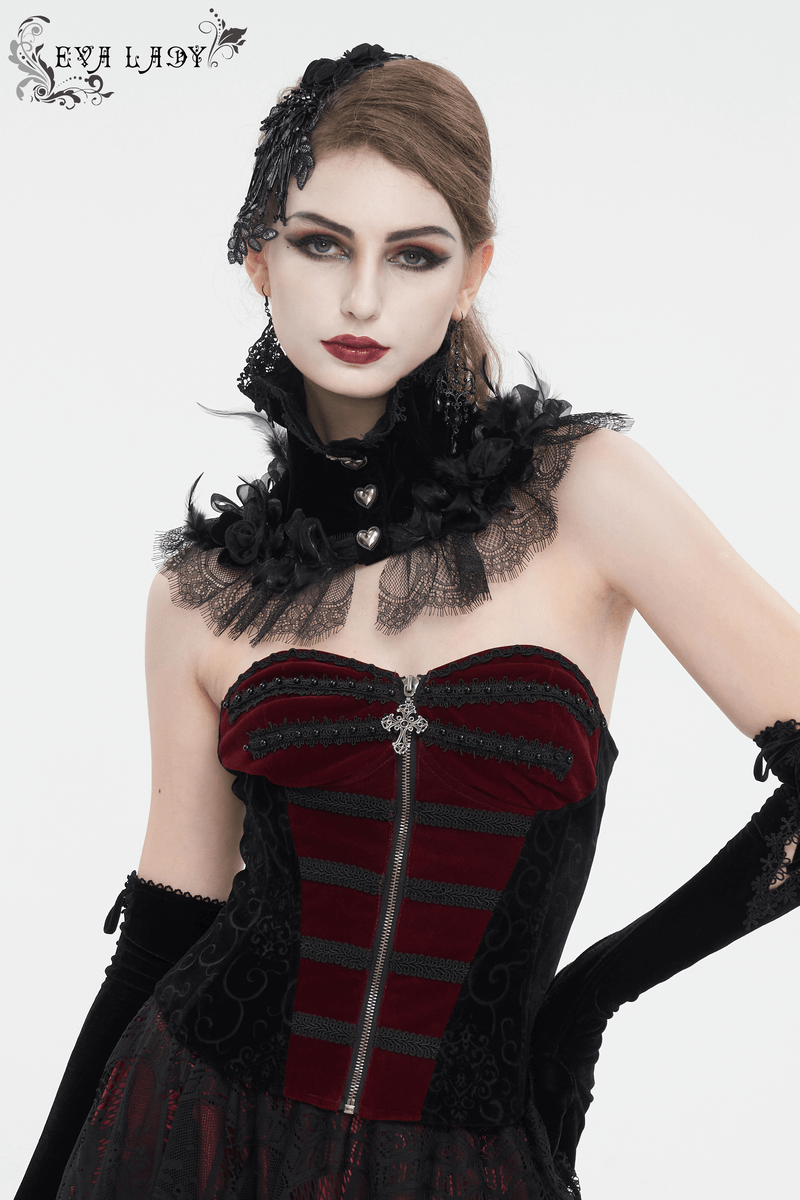 Elegant gothic rose feather neckwear with heart-shaped buttons, featured on a model in stylish attire.