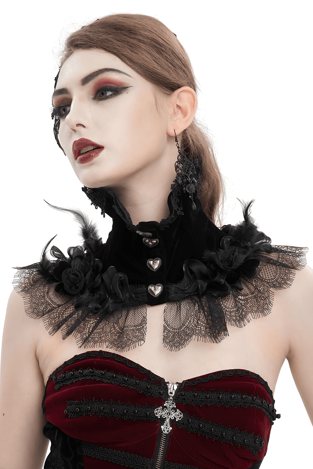 Elegant Gothic rose feather neckwear with lace trim and heart-shaped buttons, perfect for a distinctive look.