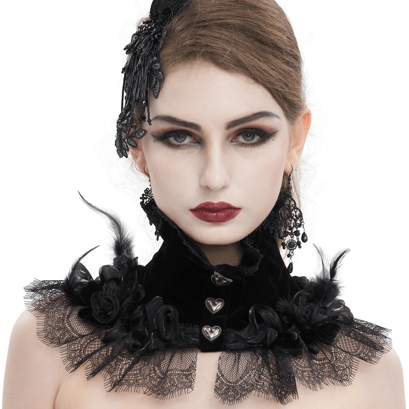 Elegant gothic rose feather neckwear with lace trim and heart-shaped buttons, perfect for a unique style.