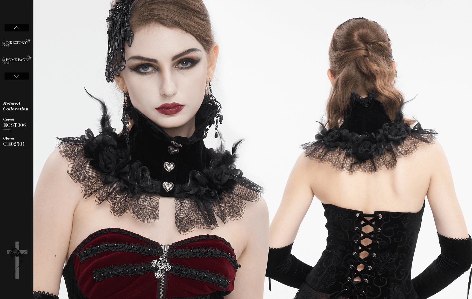 Elegant gothic rose feather neckwear with lace trim and heart buttons, perfect for a bold and unique style.