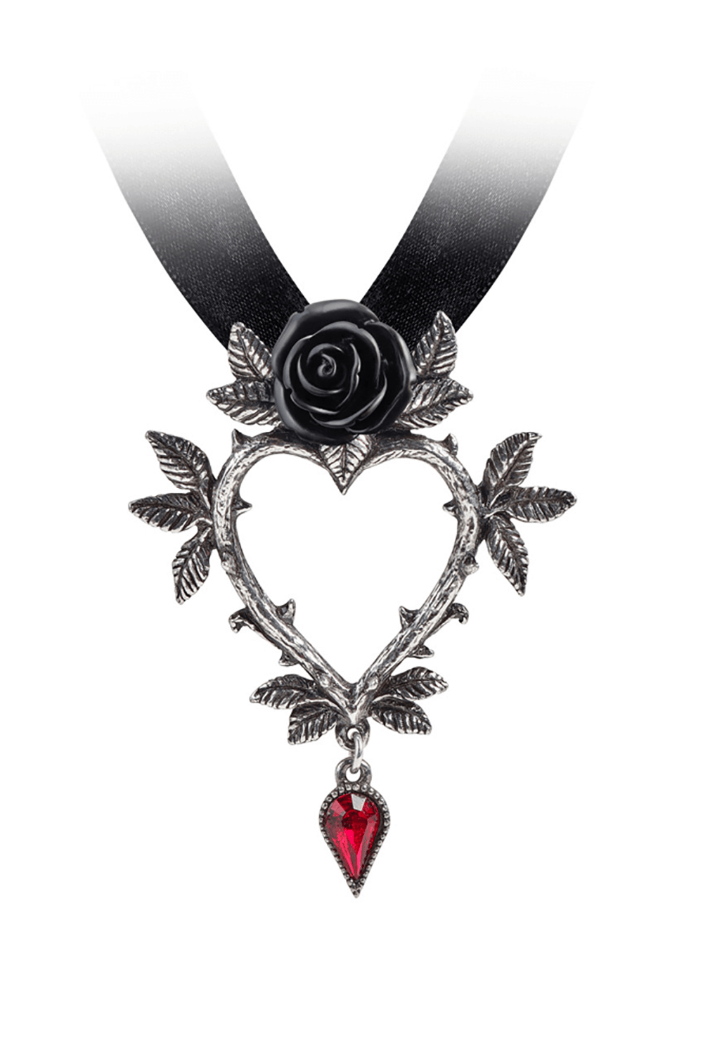 Gothic heart necklace with black rose, pewter vines, and red crystal dropper, perfect for dark love statements.
