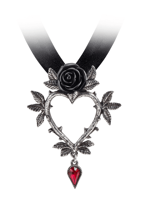 Gothic Rose Heart Necklace with Red Crystal Dropper