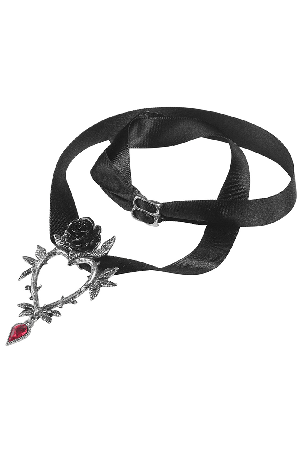 Gothic Rose Heart Necklace with red crystal dropper on black ribbon, perfect for dark romance lovers.