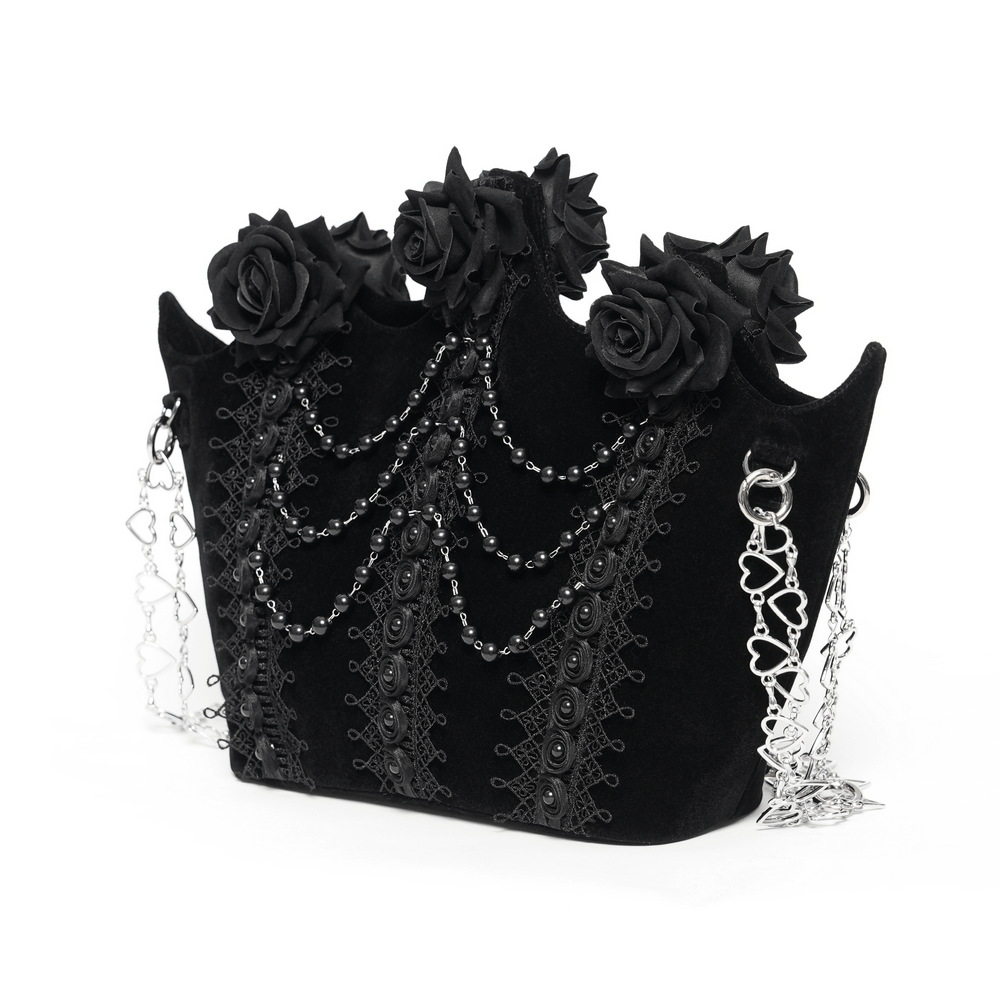 Alt Tag: Gothic Rose Velvet Handbag with Pearl Chains and Lace black shoulder bag with sculpted roses, lace panels, bead drapes & heart chain straps