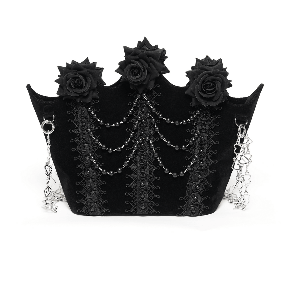 Alt Tag: Gothic Rose Velvet Handbag with Pearl Chains and Lace black shoulder bag with sculpted roses, lace panels, bead drape and silver heart chains
