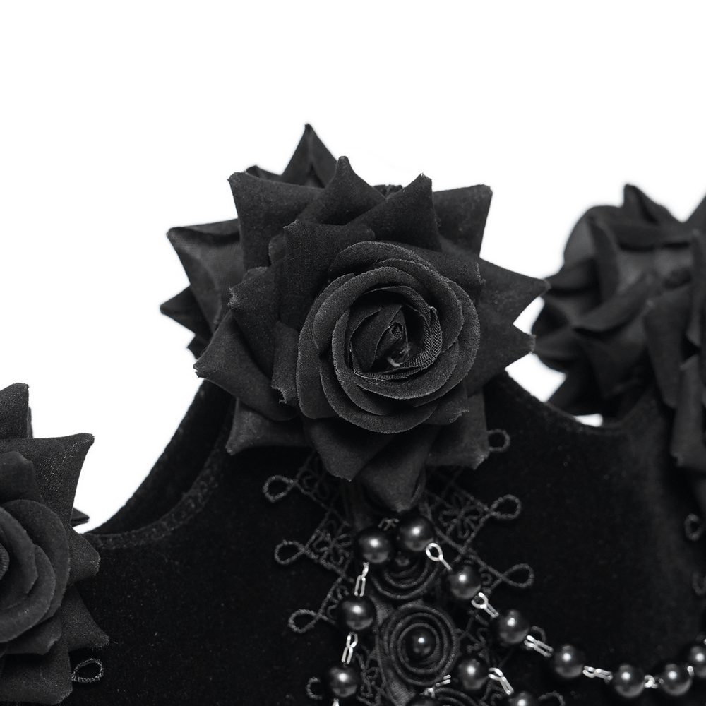 Alt Tag: Gothic Rose Velvet Handbag with Pearl Chains and Lace featuring black velvet rose blooms, lace detail, and draped pearl bead chains