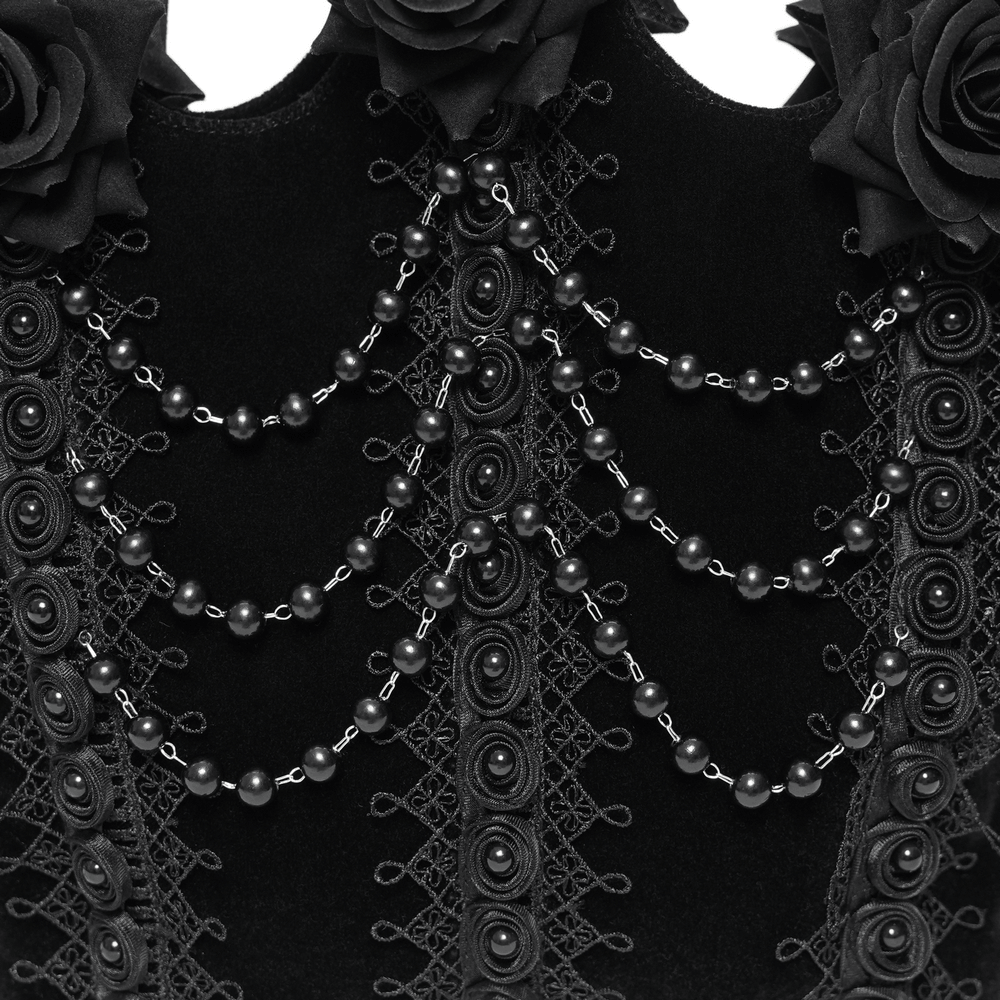 Alt Tag: Gothic Rose Velvet Handbag with Pearl Chains and Lace black velvet gothic bag with rose blooms, lace panels, bead pearl drape
