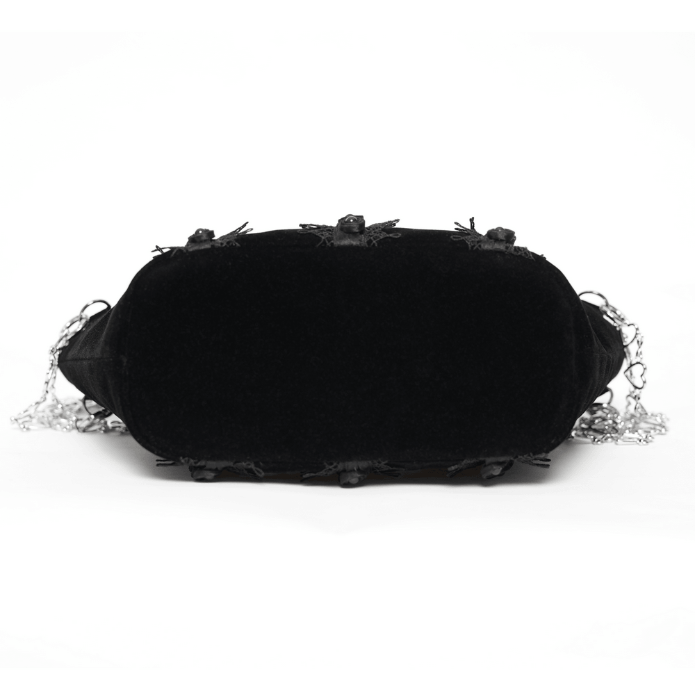 Alt Tag: Gothic Rose Velvet Handbag with Pearl Chains and Lace bottom view, black velvet base with bead chains and heart strap details