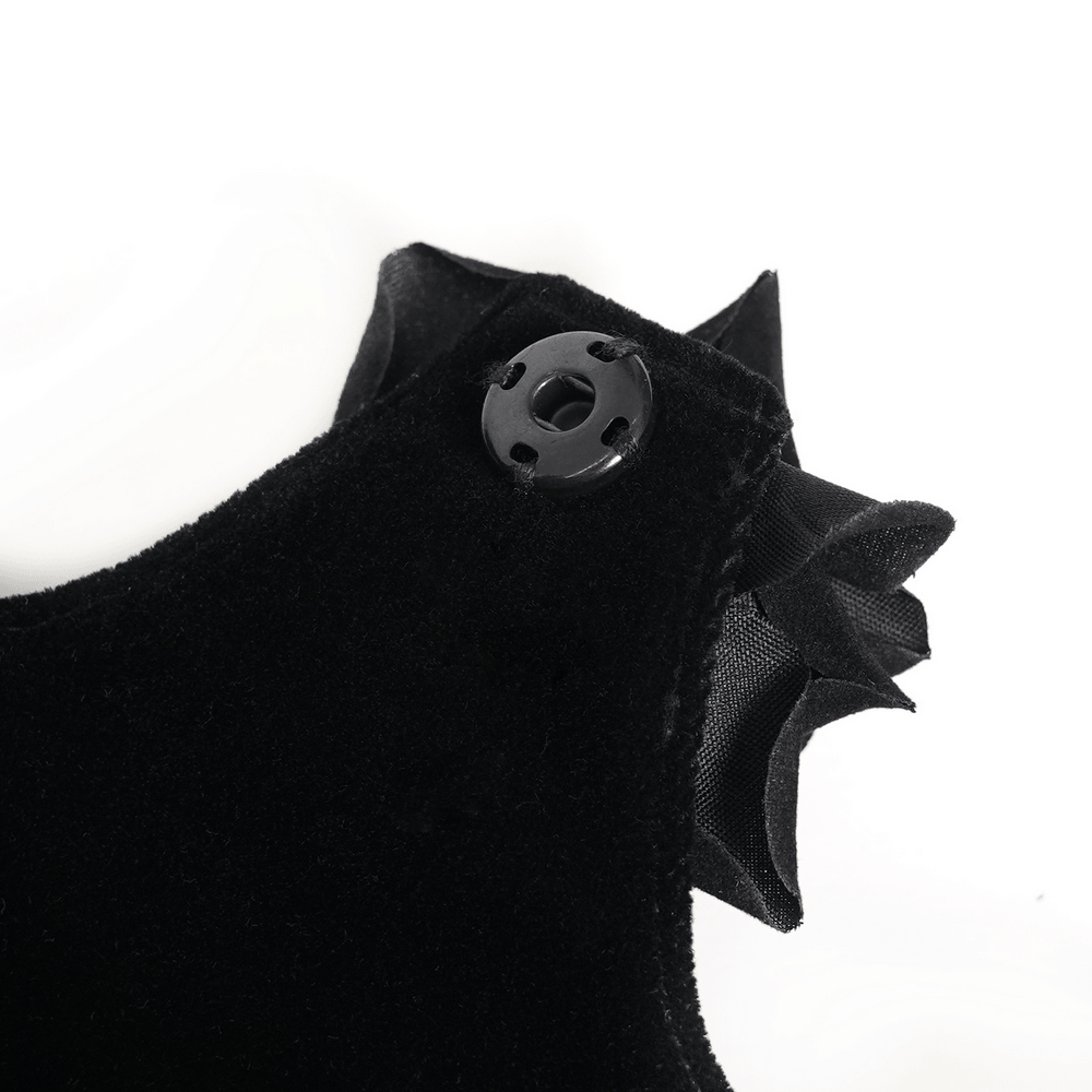 Alt Tag: Gothic Rose Velvet Handbag with Pearl Chains and Lace close-up of black velvet fabric with button detail and sheer lace trim