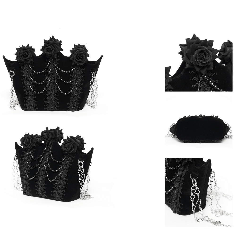 Alt Tag: Gothic Rose Velvet Handbag with Pearl Chains and Lace black velvet shoulder bag with lace panels, rose blooms, bead chains, silver heart straps