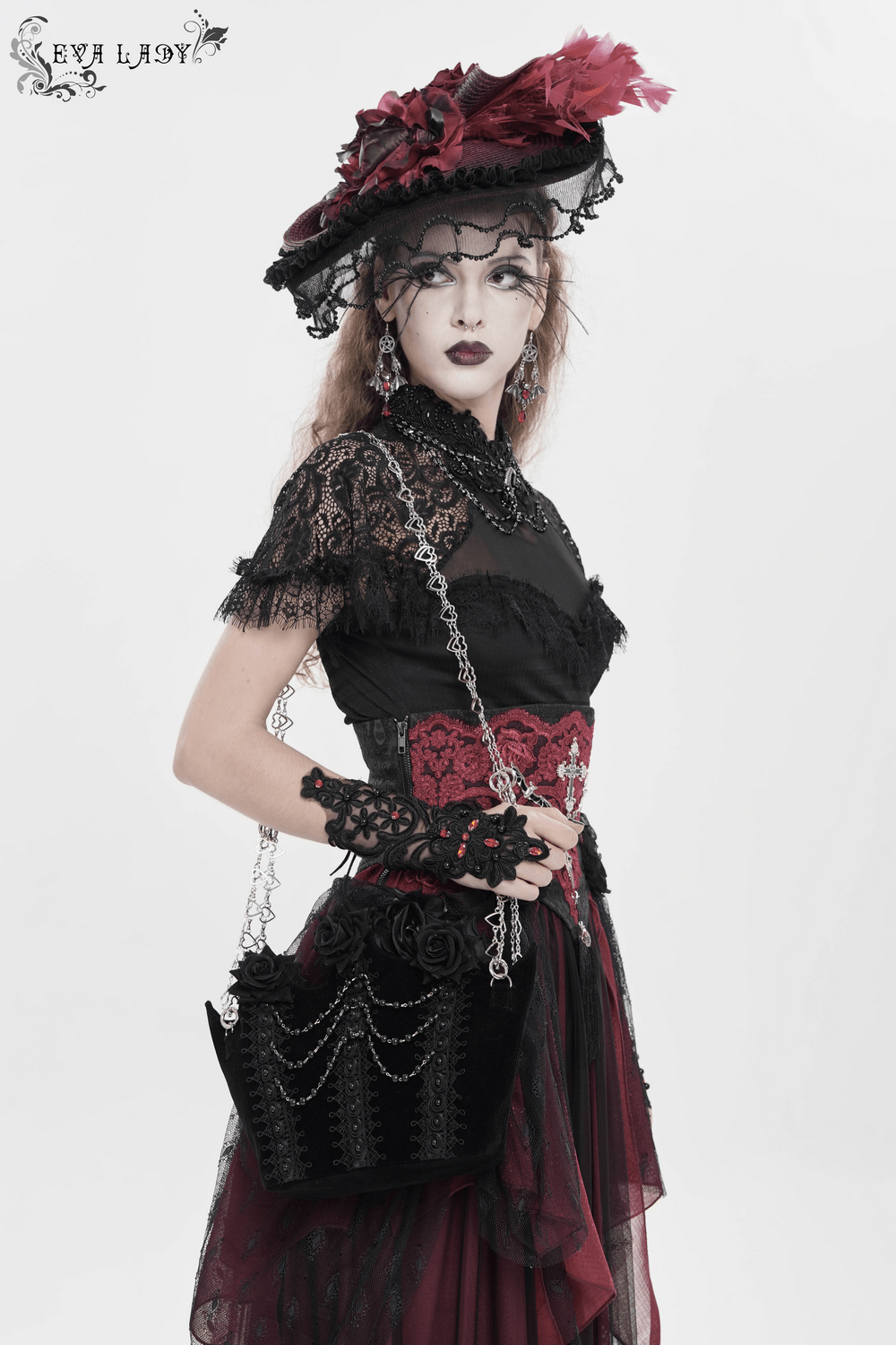 Gothic Rose Velvet Handbag with Pearl Chains and Lace worn with black lace dress, silver heart chain strap, dark romantic evening style