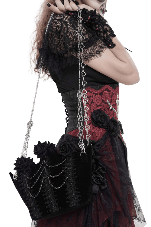 Sac à main en velours rose gothique avec chaînes de perles et dentelle