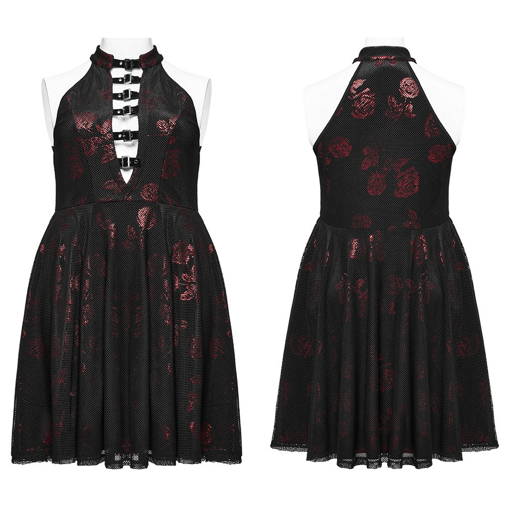 Gothic Roses A-Line Dress with V-neck, buckles, and floral velvet pattern. Perfect for bold styles and elegant flair.