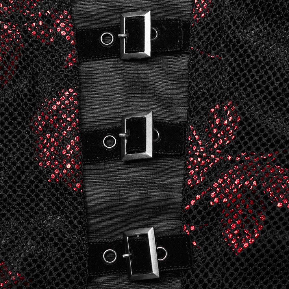 Close-up of Gothic Roses A-Line Dress detailing, featuring intricate buckles and floral velvet pattern.