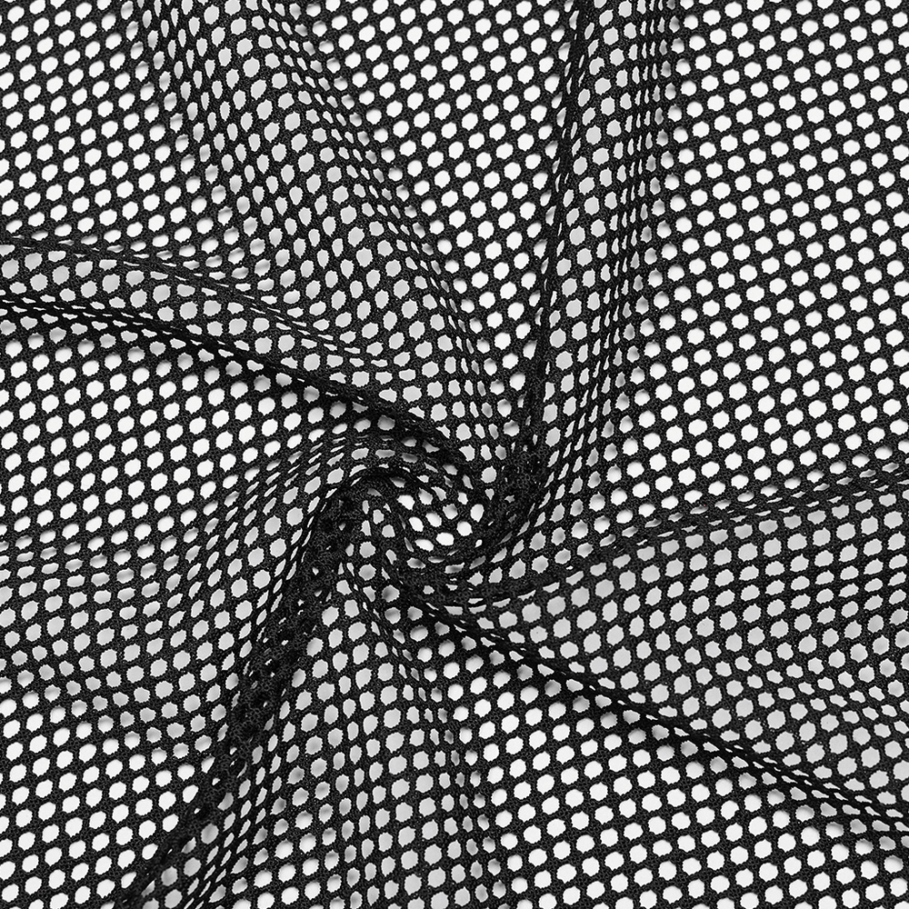Close-up of black mesh fabric with small white dots, perfect for creating stylish gothic garments.