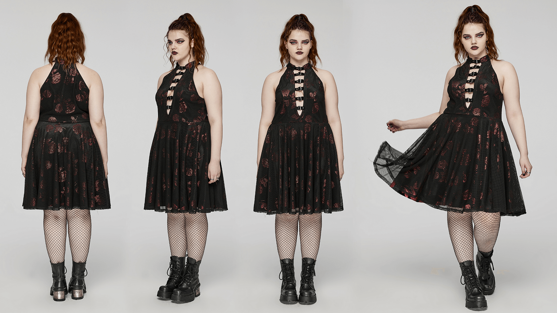 Gothic roses A-line dress featuring a deep V-neck, buckle details, and floral velvet fabric for a bold style statement.