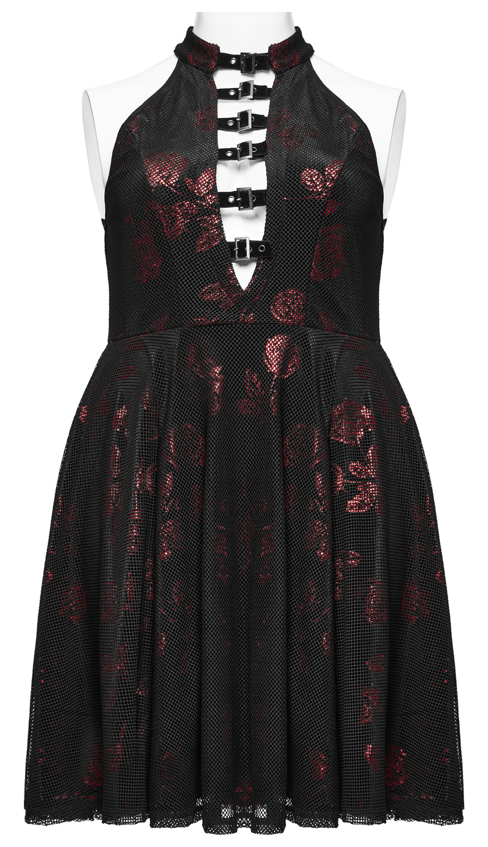 Gothic Roses A-Line Dress with V-neck, buckles, and floral velvet pattern for a bold style statement.