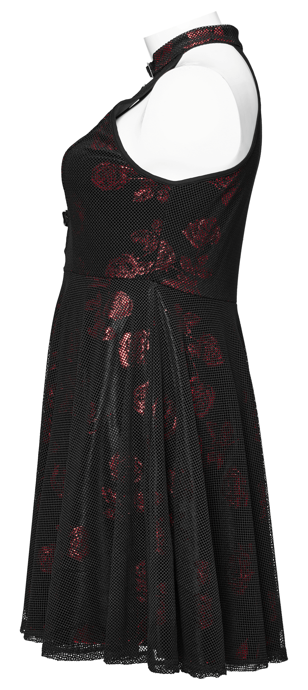 Gothic Roses A-Line Dress featuring a deep V-neck, velvet floral pattern, and elegant buckle details.