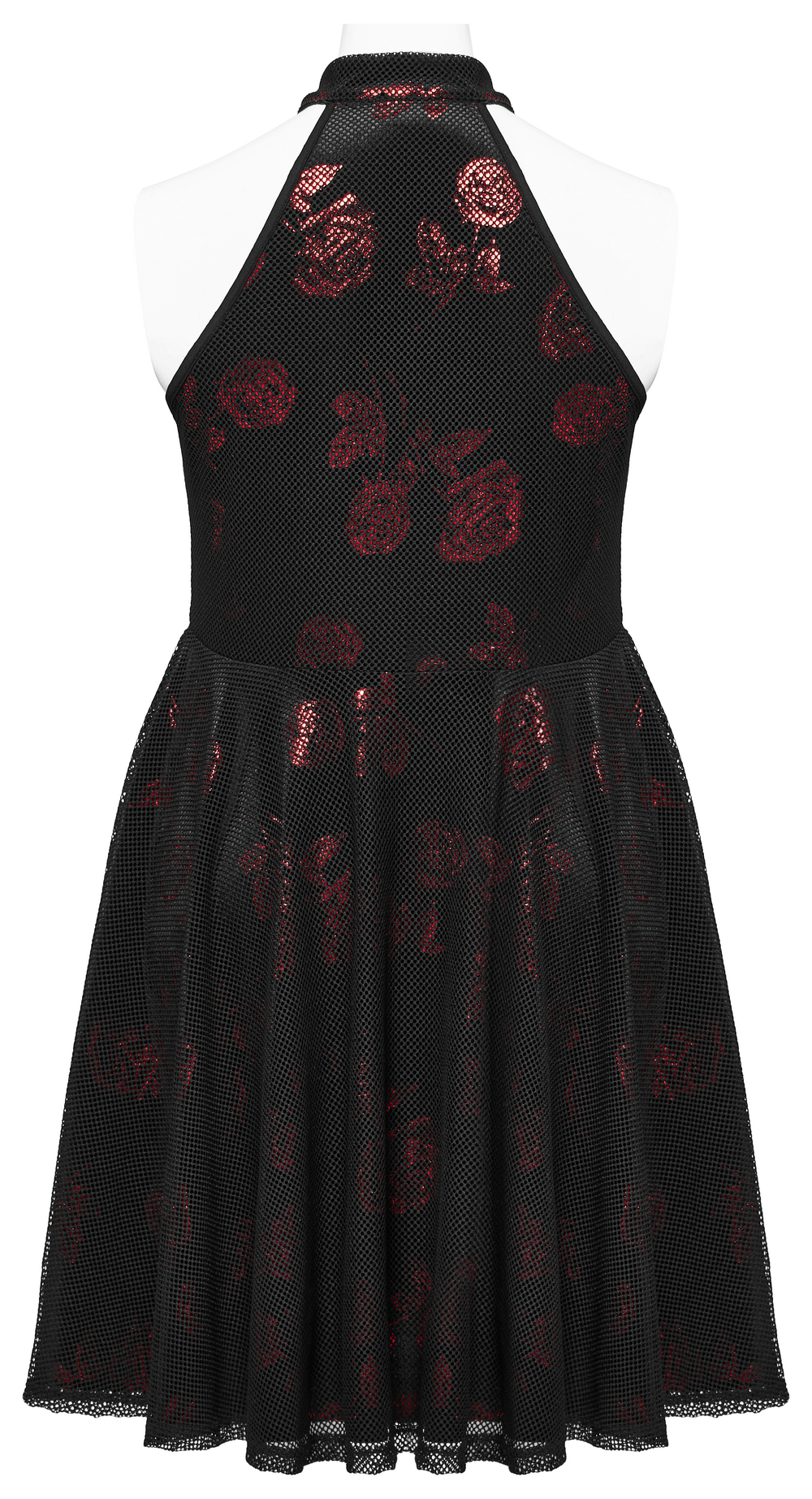 Back view of Gothic Roses A-Line Dress featuring velvet floral pattern and sleeveless design, perfect for bold fashion statements.